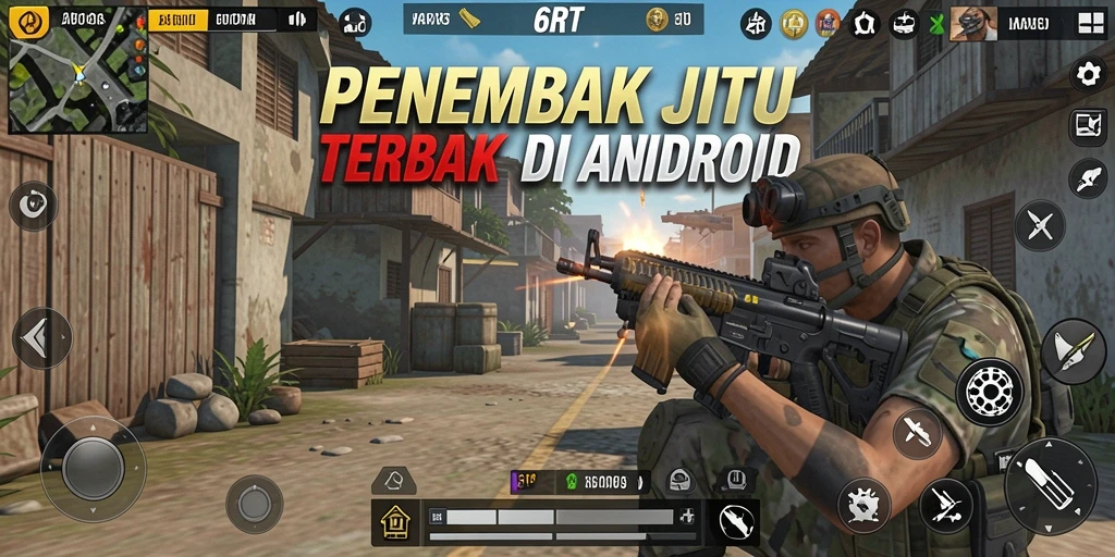 Screenshot tampilan gameplay intens 6RT di medan perang FPS.