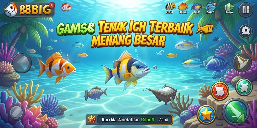 Screenshot gameplay Tembak Ikan di 88BIG dengan banyak ikan berwarna.