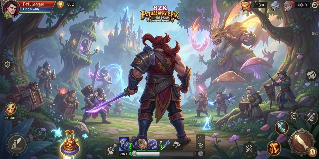 Screenshot gameplay 8ZK yang menampilkan pertempuran seru di dunia fantasi.