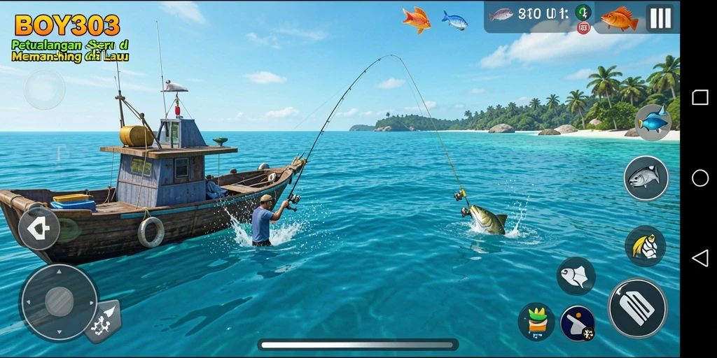 Screenshot gameplay BOY303 menunjukkan aksi memancing yang mendebarkan.