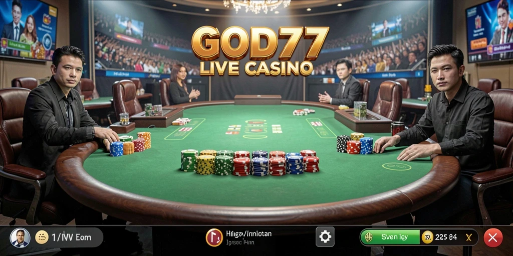 Screenshot gameplay GOD77 yang menunjukkan dealer langsung dalam aksi.