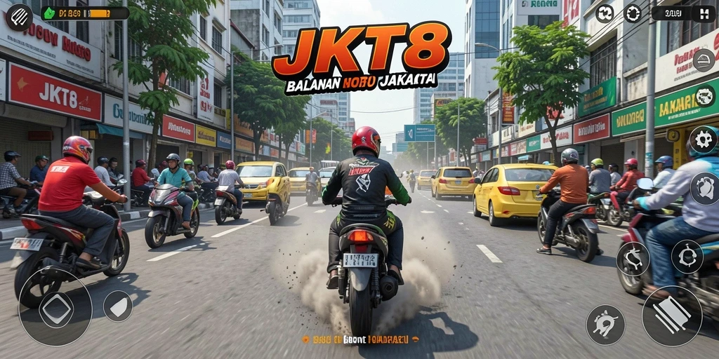 Screenshot JKT8 menampilkan balapan motor di jalanan Jakarta yang ramai.