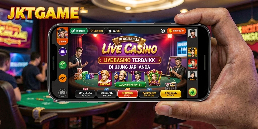 Screenshot JKTGAME menunjukkan dealer profesional dan suasana kasino yang hidup.